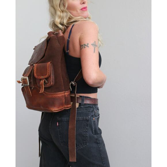 1990's Vintage Mexican Tooled Leather Suede Backpack Folk Artisan Embossed Bag - Picture 11 of 12